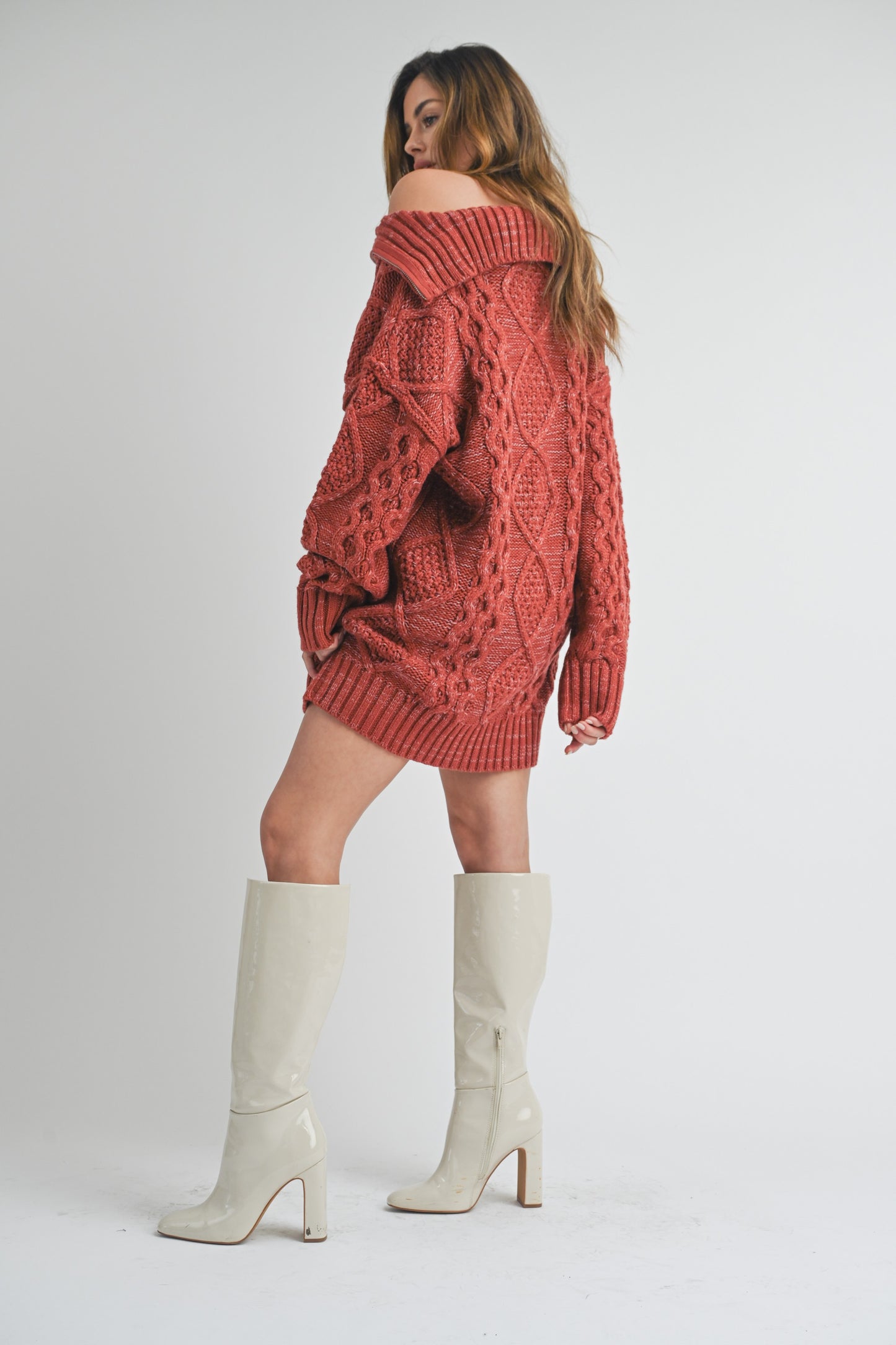 CABLE KNIT ZIP UP SWEATER DRESS-WD15294