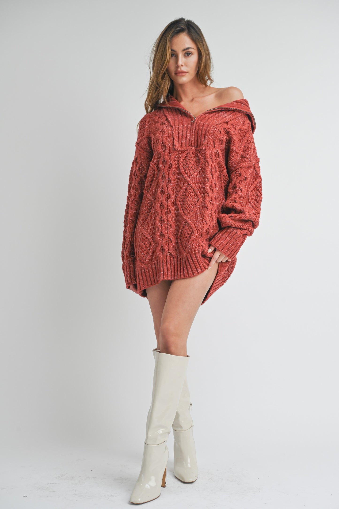 CABLE KNIT ZIP UP SWEATER DRESS-WD15294