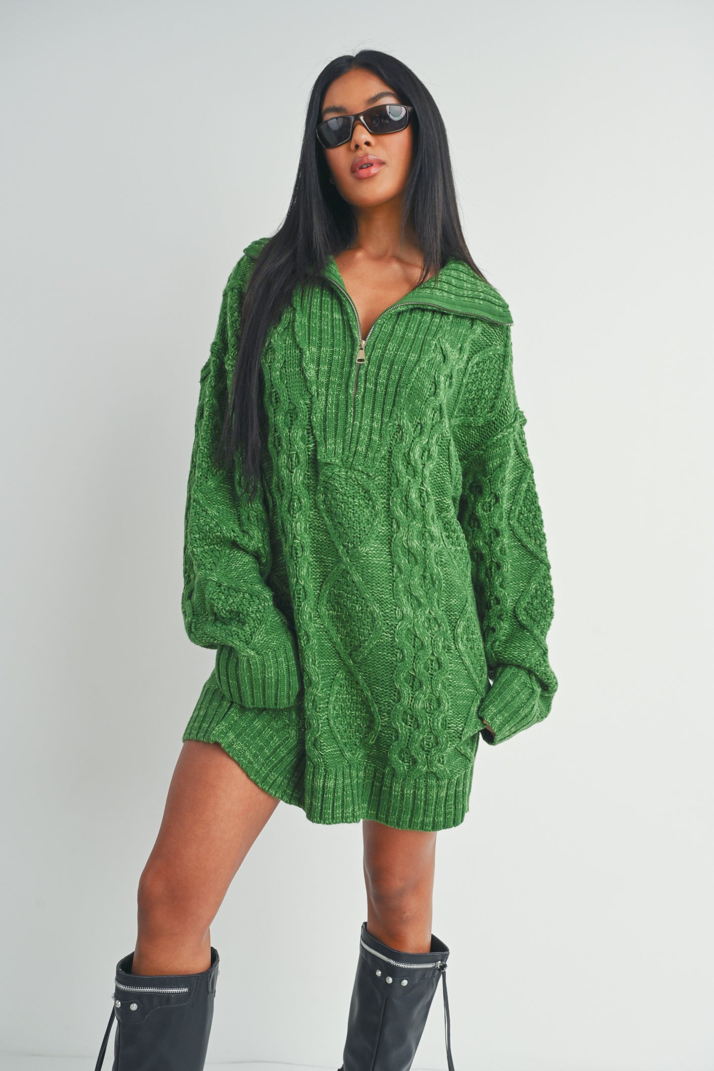 CABLE KNIT ZIP UP SWEATER DRESS-WD15294