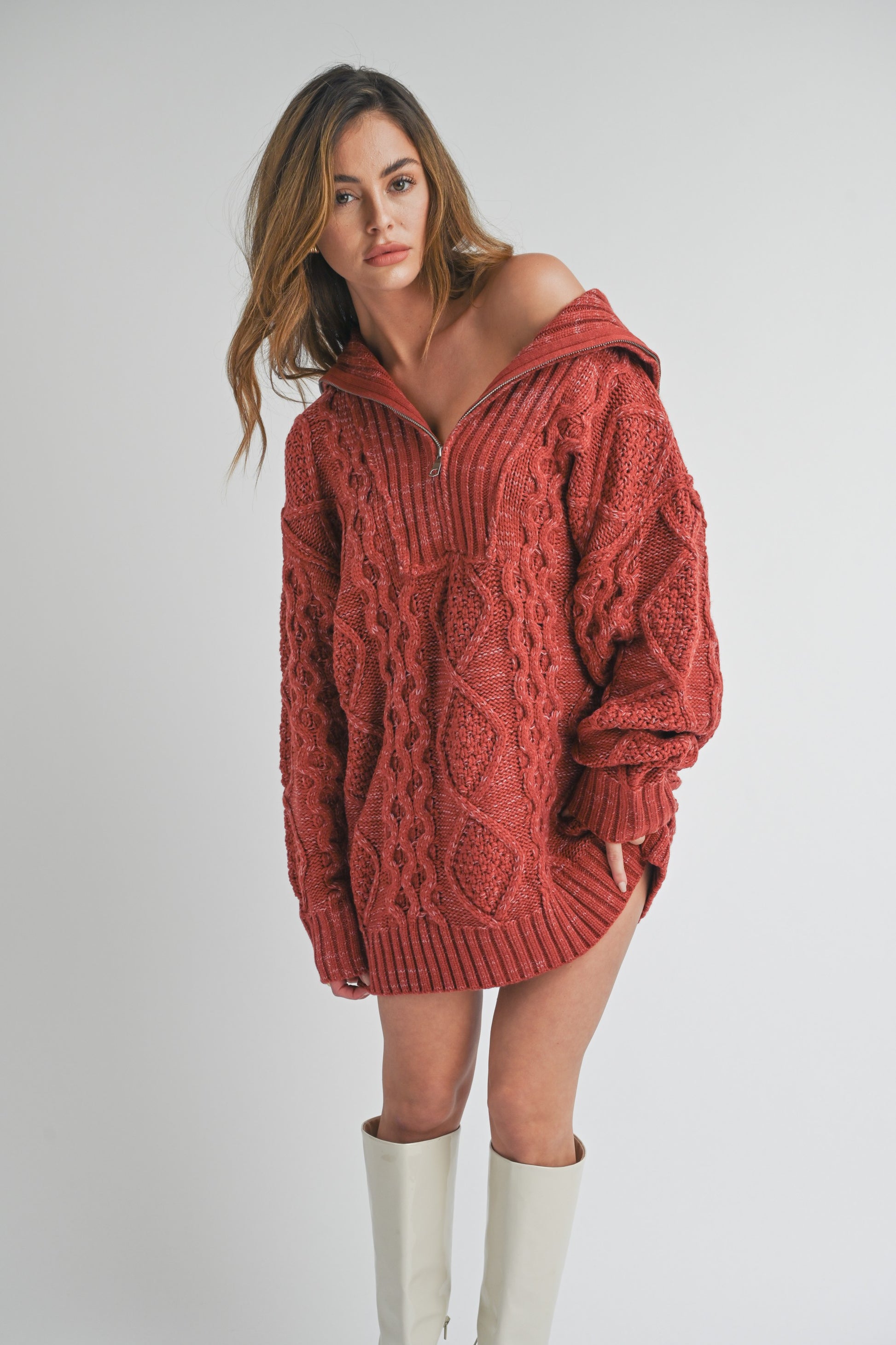 CABLE KNIT ZIP UP SWEATER DRESS-WD15294 - Main Image