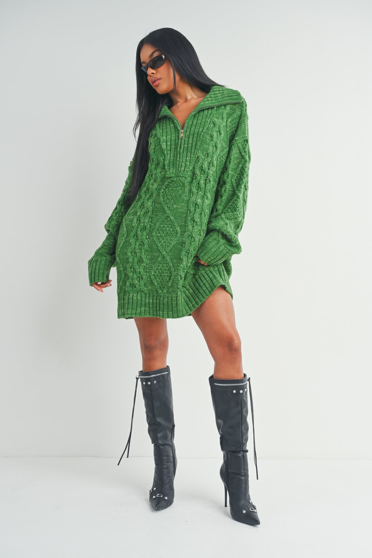 CABLE KNIT ZIP UP SWEATER DRESS-WD15294