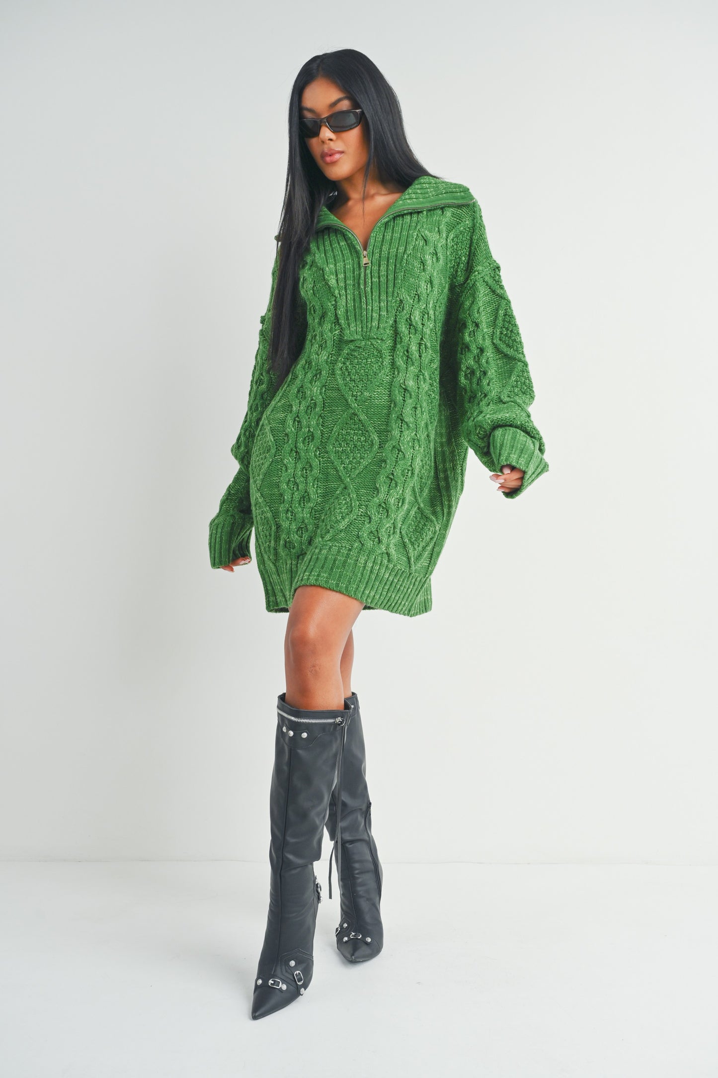 CABLE KNIT ZIP UP SWEATER DRESS-WD15294