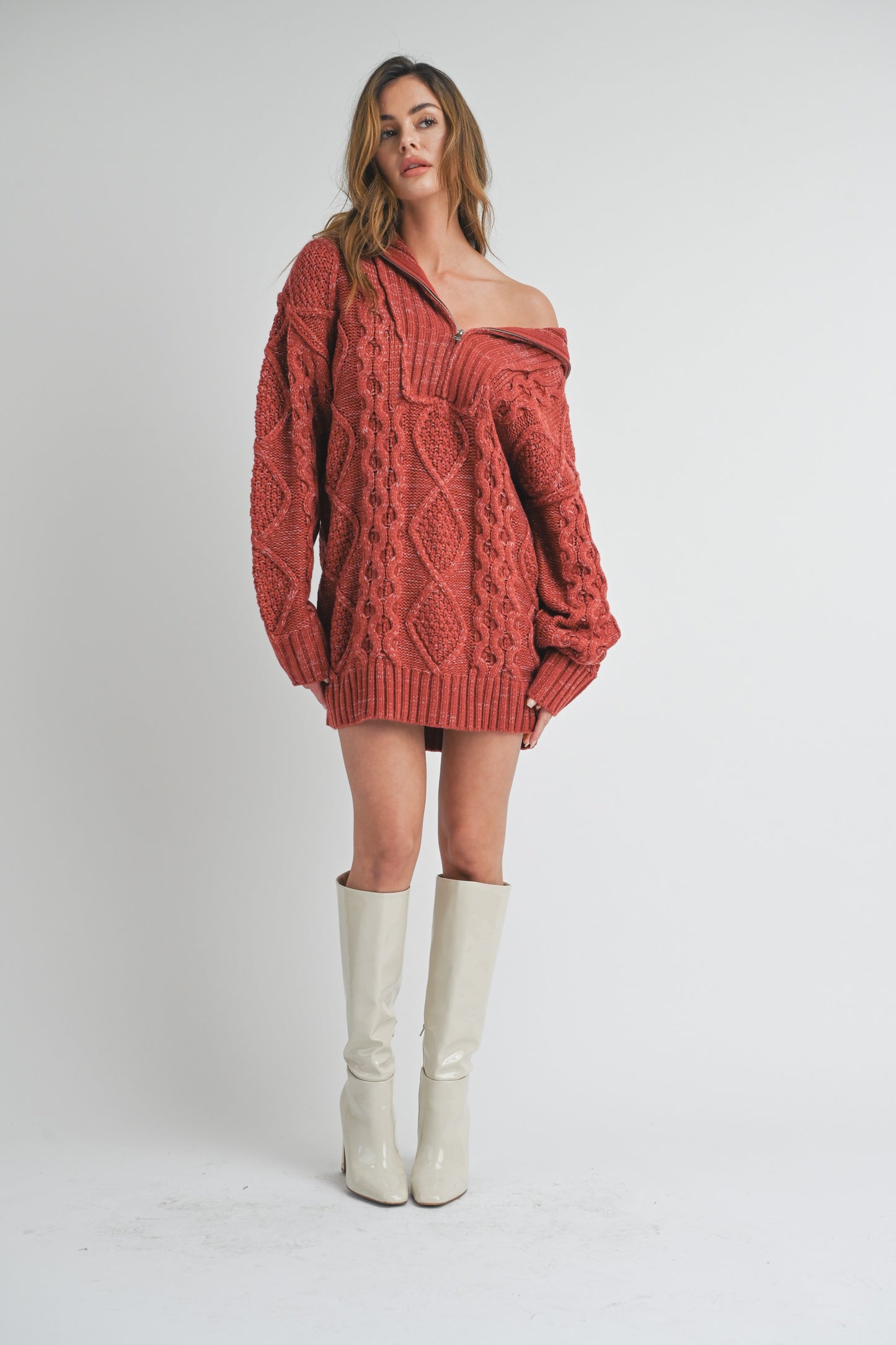 CABLE KNIT ZIP UP SWEATER DRESS-WD15294